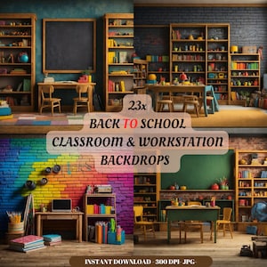 Back to School Digital Backdrops, Composite Photography, Modern Classroom Workstation Background, Photoshop Overlays, Chalkboard, Bookshelf