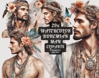 Boho man clipart watercolor png: "BOHO MAN CLIPART" bohemian man clipart rustic hippie male clipart men boho bundle printable junk journal