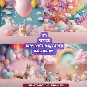 Kitten Birthday Party Digital Backdrop Kitty Background Photography Pastel Balloons Backdrop Kids Party Props Baby Shoot Studio Overlay Cats