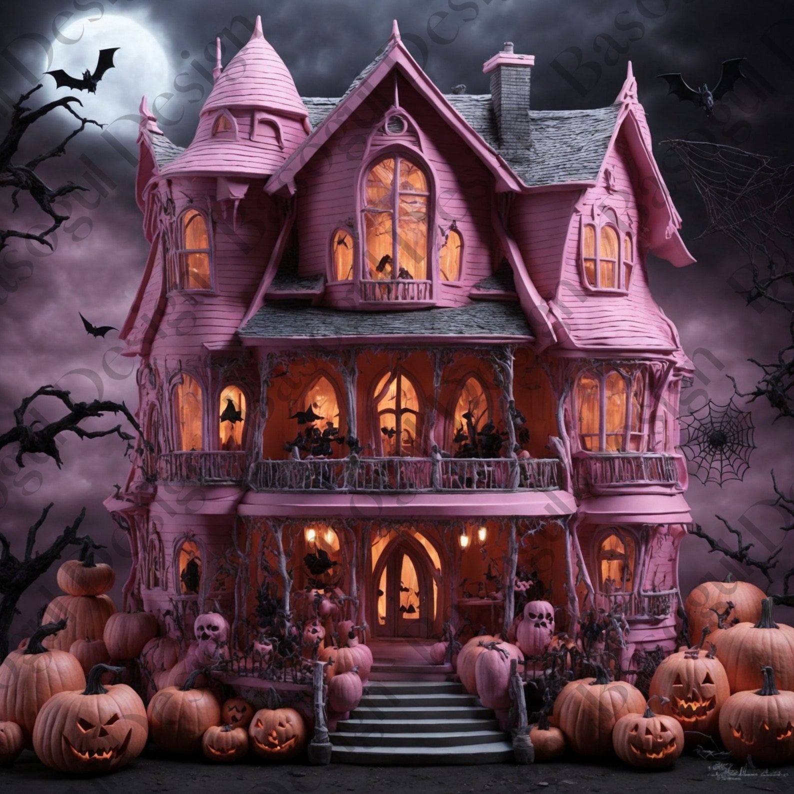 Halloween Backdrop Pink Haunted House Party Decor Kids Digital