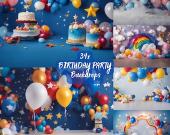 Baby Birthday Party Digital Backdrop Photography Background Birthday Cake Smash Props Rainbow Stars Backdrop Balloons Photoshop Overlays