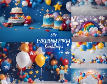 Baby Birthday Party Digital Backdrop Photography Background Birthday Cake Smash Props Rainbow Stars Backdrop Balloons Photoshop Overlays