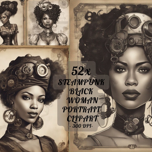 Black woman steampunk clipart: "WOMAN STEAMPUNK CLIPART" woman steampunk black girl clipart  beautiful portrait woman steampunk clipart