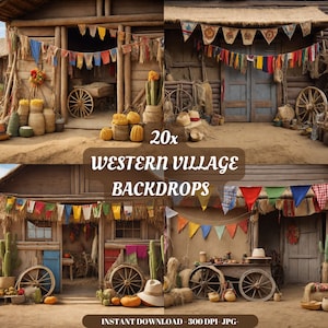 Western Village Digital Backdrop Farm background photography rustic wooden barn, photoshop overlays, western backdrop cowboy props