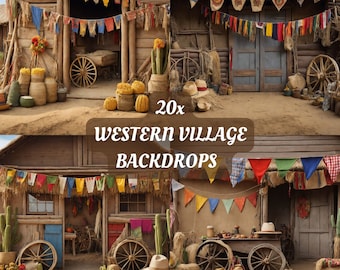 Western Village Digital Backdrop Farm background photography rustic wooden barn, photoshop overlays, western backdrop cowboy props