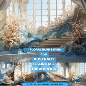 Staircase Wedding Digital Backdrop, Abstract Floral Staircase Background, Blue,Floral Stairs Backgrounds, Staircase Wedding Maternity Prop