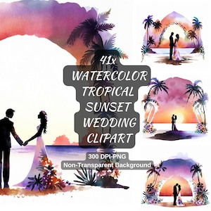 Wedding bride groom clipart png: &quot;WATERCOLOR WEDDING CLIPART&quot;  beach wedding clipart sunset bride groom bundle watercolor clipart couple
