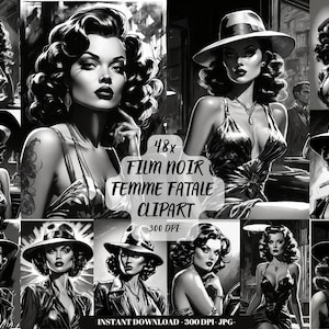 Femme Fatale Donna Clipart Film noir bianco e nero pin up bella donna signora clipart ragazza carta digitale spazzatura diario collage foglio decor