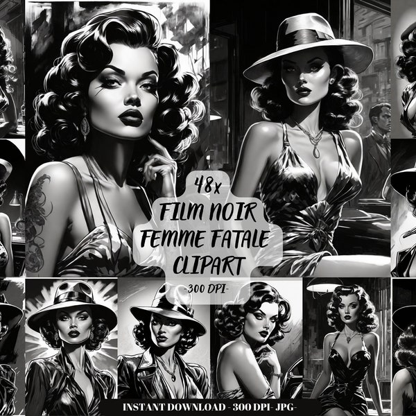 Femme Fatale Woman Clipart Film noir black and white pin up beautiful woman lady clipart girl digital paper junk journal collage sheet decor