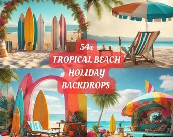 Tropical Beach Digital Backdrop surf boards relaxing chair colorful holiday background photography backdrop sand van studio overlay print