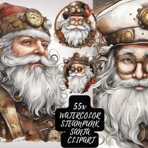 Clipart père Noël Steampunk aquarelle - PNG Non transparent, imprimable Noël, clipart numérique père Noël - 300 DPI - 4K-