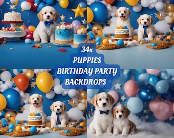 Baby Birthday Party Backdrop Puppies Photography Backdrops Birthday Cake Props Studio Background Dog Stars Digital Backdrop Balloons Overlay