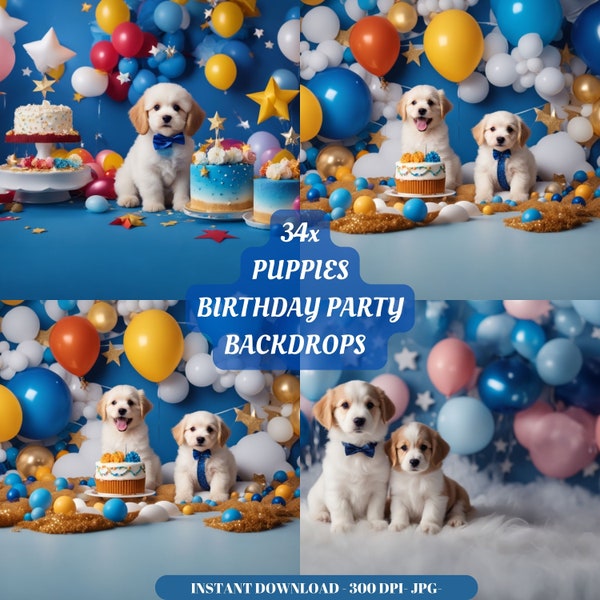 Baby Birthday Party Backdrop Puppies Photography Backdrops Birthday Cake Props Studio Background Dog Stars Digital Backdrop Balloons Overlay