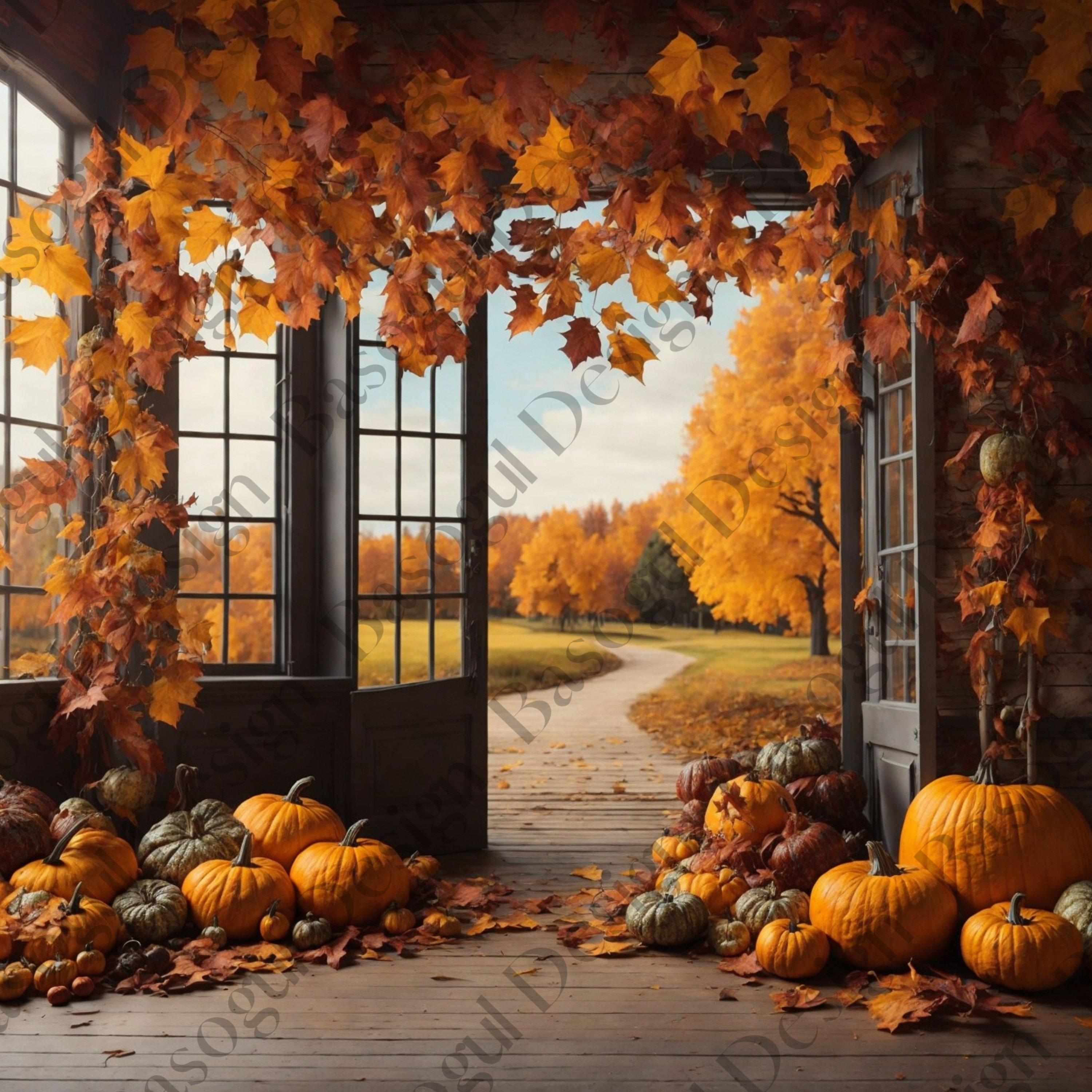 Türbanner 'Happy Fall' Herbstdeko - Kürbis-Hintergrund, Für Erntedank, Geburtstag, Fotohintergrund, Partydeko