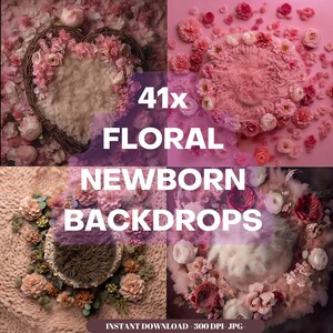 Newborn Digital Backdrop, Floral Basket newborn props for baby boy girl photoshoot floral fur basket newborn backdrop photography background