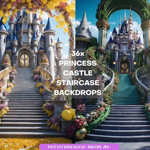 Princess Castle Staircase Backdrop, Palace, Balloons, Portrait Digital Background for girls,Cinderella Palace Stairs, Bundle Staircase Props