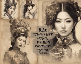 Steampunk Clipart Asian Woman, Printable Clipart, Steampunk Asian Girl Portrait Clipart, Asian woman clipart, bundle steampunk clipart