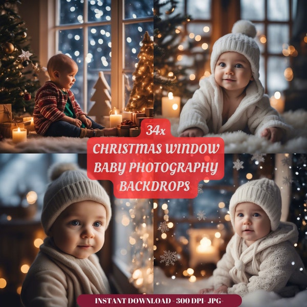 Christmas Windows Baby Digital Backdrop Photography Background Ornaments Xmas Baby Photoshoots Gifts Backdrop Winter Cozy Overlay Baby Props