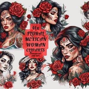 Clipart de mujer mexicana con flores, tatuaje de rosas, hermosa mujer, clipart, niña, mujer mexicana, papel digital, diario basura, collage, hoja, arte, decoración
