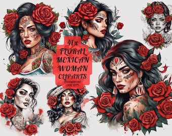 Floral Mexican Woman Clipart Png Tattoo Roses Beautiful Woman Clipart Girl Mexican Woman Digital Paper Junk Journal Collage Sheet Art Decor