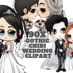 Clipart de boda gótica chibi, clipart de novio gótico, clipart de boda chibi, clipart de novio chibi, clipart de pareja gótica, paquete