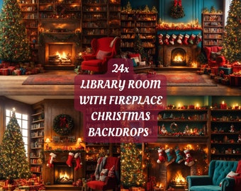 Fireplace Room Christmas Digital Backdrop photography background christmas tree stockings props christmas presents gift box overlays library