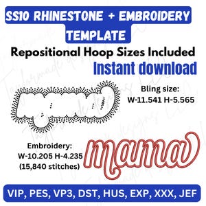 Peut inclure: Gabarit numérique pour motifs strass et broderie. Comprend le mot "mama" en deux styles : un avec effet strass, mesurant 29,31 cm de large et 14,14 cm de haut, et un autre en broderie, 25,92 cm de large et 10,76 cm de haut.
