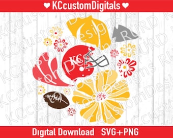 Floral Kansas City Football Front SVG PNG, KC Football svg, Kansas City Football svg, kc football png, red and yellow kc svg, trendy kc