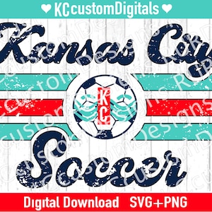 May include: A distressed graphic design featuring the text "Kansas City Soccer" in a vintage style. The design includes a soccer ball with the letter "K" in the center, and three red and blue stripes.