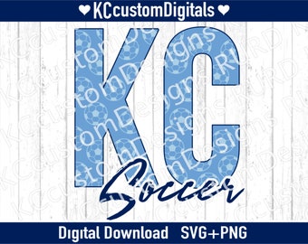 May include: Blue and white 'KC Soccer' design with the letters 'K' and 'C' filled with a pattern of soccer balls. The word 'Soccer' is written in a stylized script font.