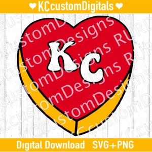 May include: Red heart-shaped graphic with a white outline and a yellow border. The letters "KC" are in white inside the heart.