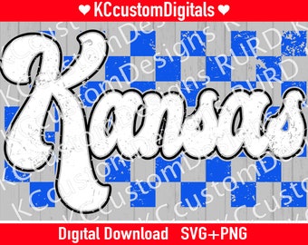 Kansas Groovy Check Blue PNG, KS Basketball png, Kansas Basketball png, RCJH SVG, Kansas SVG (verdrietig en solide inbegrepen)