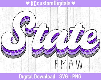 以下が含まれることがあります： 紫、白、グレーのレトロなスタイルのワードアートで、「State」と「EMAW」というテキストが書かれています。デジタルダウンロード SVG + PNG.