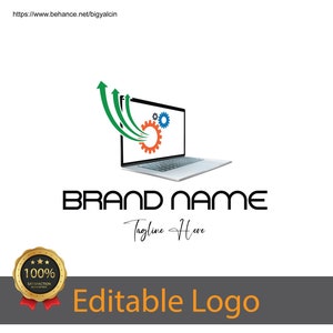 May include: A laptop with a screen displaying gears and green upward arrows, symbolizing growth. Below, the words "BRAND NAME" are in bold, with "Tagline Here" beneath. The image includes a gold seal that says "100% Satisfaction Guaranteed" and the words "Editable Logo".