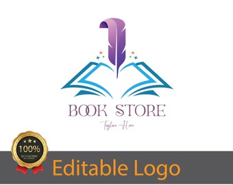 Może przedstawiać: Logo sklepu z książkami z otwartą niebieską książką i fioletowym piórem. Tekst "Book Store" znajduje się pod książką, a tekst "Tagline Here" pod nim. Złota odznaka z oceną gwiazdkową z tekstem "100% Satisfaction Guaranteed" znajduje się w lewym dolnym rogu.