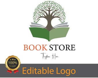 Może przedstawiać: Zielone drzewo rosnące z otwartej książki z tekstem "BOOKSTORE" i "Tagline Here" poniżej. Złota ocena gwiazdkowa z tekstem "100% SATISFACTION GUARANTEED" znajduje się w lewym dolnym rogu. Tekst "Editable Logo" znajduje się w dolnym środku.