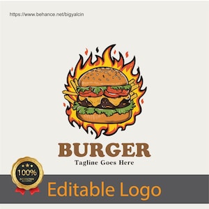 May include: A logo for a burger restaurant with a cartoon burger on fire. The text "BURGER" is below the burger with the tagline "Tagline Goes Here". A gold star seal with the text "100% SATISFACTION GUARANTEED" is in the bottom left corner. The text "Editable Logo" is below the tagline.