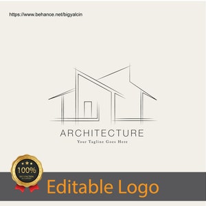 May include: Black and white line drawing of a house with the text "ARCHITECTURE" and "Your Tagline Goes Here" below. A gold star-shaped seal with the text "100% SATISFACTION GUARANTEED" is in the lower left corner. The text "Editable Logo" is in orange on a grey background.