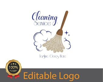 May include: A logo for a cleaning service featuring a brown dustpan with a white and gray brush. The text "Cleaning Service" is written in blue cursive above the dustpan. The text "Tagline Goes Here" is written below the dustpan. A gold seal with the text "100% Satisfaction Guaranteed" is below the logo.