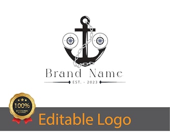 Puede incluir: Diseño de logotipo en blanco y negro con un ancla con una cadena y dos rosas de los vientos. El texto "Brand Name" está debajo del ancla con el texto "EST. 2023" debajo. Un sello dorado en forma de estrella con el texto "100% SATISFACTION GUARANTEED" está en la esquina inferior izquierda. El texto "Editable Logo" está en naranja sobre un fondo gris.