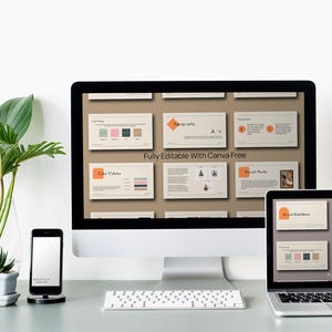 May include: A computer screen and laptop display a presentation template with a beige background and orange accents. The text "Fully Editable With Canva Free" is displayed on the screen.