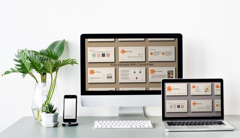 May include: A computer screen and laptop display a presentation template with a beige background and orange accents. The text "Fully Editable With Canva Free" is displayed on the screen.