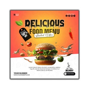 DIY Hamburger Ulotka / Burger Menu Szablon Instagram / Restauracja Post Media Społecznościowe / Specjalny Projekt Ulotki Fast Food / Projekt Ulotki Cateringowej