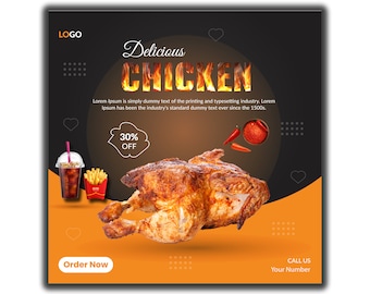 Huhn Flügel Flyer / Hähnchen Fries Marketing Social Media / Restaurant Instagram Vorlage / Hähnchen Flyer Design / Fast Food Social Media