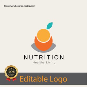 Puede incluir: Logotipo naranja con una hoja verde en la parte superior, el texto "NUTRITION" en negro y el texto "Healthy Living" en negro debajo. El logotipo está sobre un fondo blanco con un borde gris en la parte inferior. El texto "Editable Logo" está en naranja en el borde gris.