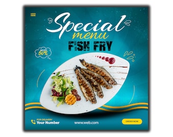 May include: A blue and yellow graphic with the text "Special menu FISH FRY" and a white plate with four grilled fish, a salad, and a lemon wedge. The graphic also includes the text "SAVE UPTO 50%" and "ORDER NOW".