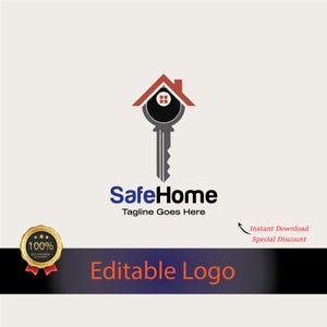 May include: A logo design featuring a key topped with a red house silhouette. The key is black and grey, with the text "SafeHome" in blue and black below. The tagline "Tagline Goes Here" is also included.
