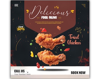 May include: A promotional image for a food menu, featuring two pieces of fried chicken. The words "Delicious Food Menu" are displayed in a stylized font. The image also includes the text "Save 50%", "Call Us", and "Book Now".