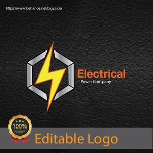 Puede incluir: Diseño de logotipo editable para una empresa de energía eléctrica. El logotipo presenta un rayo amarillo dentro de un hexágono plateado. El texto "Electrical Power Company" está en naranja debajo del hexágono. Un sello de satisfacción garantizada al 100% se encuentra en la esquina inferior izquierda.