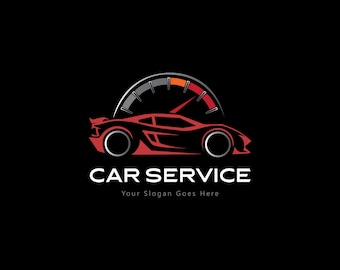 Puede incluir: Logotipo de servicio de automóviles con la silueta de un coche deportivo rojo y un velocímetro sobre un fondo negro. El texto "CAR SERVICE" es blanco, con el lema "Your Slogan Goes Here" debajo.